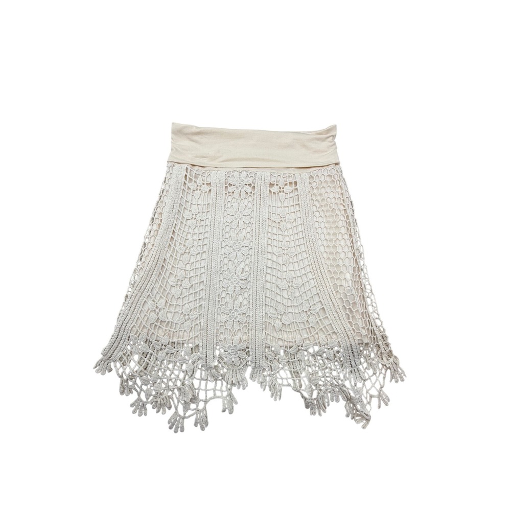 Solitaire Ivory Crochet Lace Mini Skirt Boho Handkerchief Hem Cotton Small